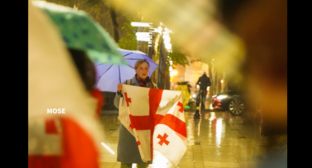 An activist outside the Georgian parliament. Screenshot of a photo by Mo Se from April 12, 2026, https://www.facebook.com/photo?fbid=4276759392638800&set=pcb.4276760289305377 (Meta, the company that owns the social network, is banned in Russia).